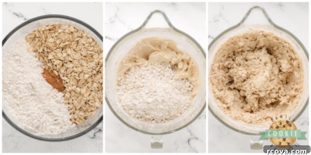 Spiced Eggnog Oatmeal Cookies 7 Dry ingredients for eggnog oatmeal cookies (oats, flour, salt, baking soda) being mixed in a separate bowl.