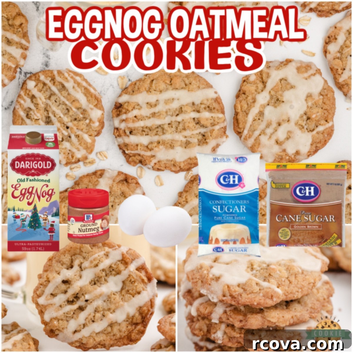 Spiced Eggnog Oatmeal Cookies 10 A collage of Eggnog Oatmeal Cookies, showing the finished glazed cookies and a close-up of their soft texture, perfect for the holiday season.