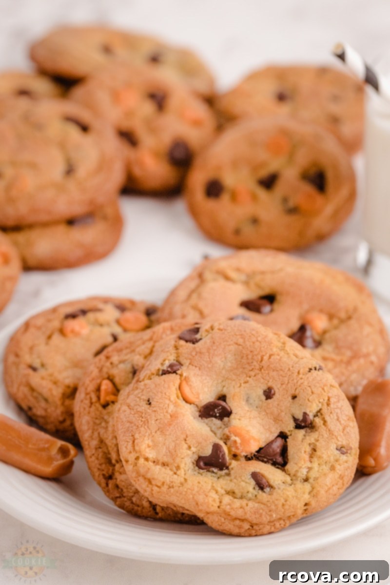 Chocolate Chip Cookies with a Gooey Caramel Heart 3 A close-up shot of a Caramel Chocolate Chip Cookie, broken in half to reveal the soft, melted caramel center and chocolate chips.
