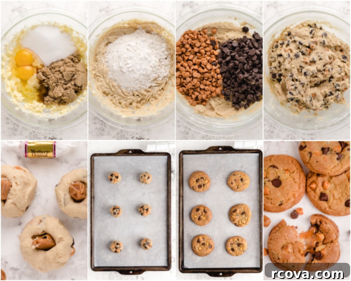 Chocolate Chip Cookies with a Gooey Caramel Heart 4 Step-by-step image showing how to stuff soft caramels into cookie dough before baking.
