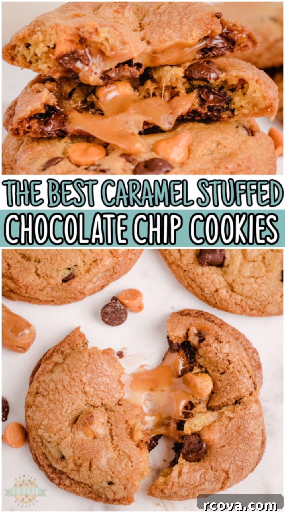 Chocolate Chip Cookies with a Gooey Caramel Heart 9 A Pinterest-ready image showcasing Caramel Chocolate Chip Cookies with a text overlay for the recipe.