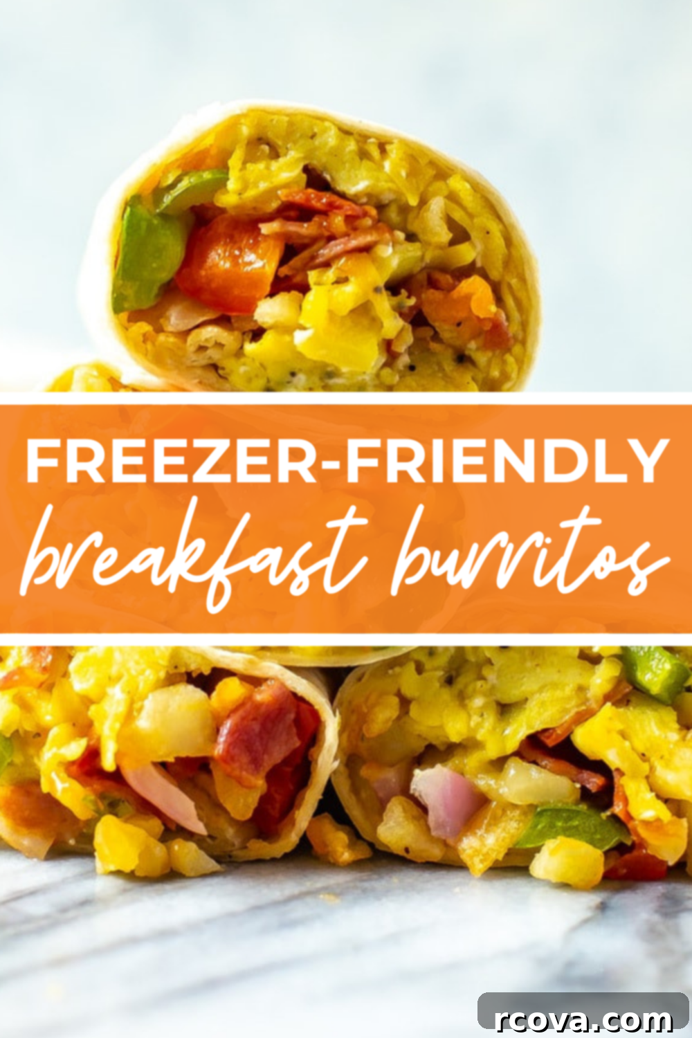 Ultimate Grab-and-Go Breakfast Burritos 13 Breakfast burritos stacked on top of each other, with text that says 'Freezer-Friendly Breakfast Burritos'