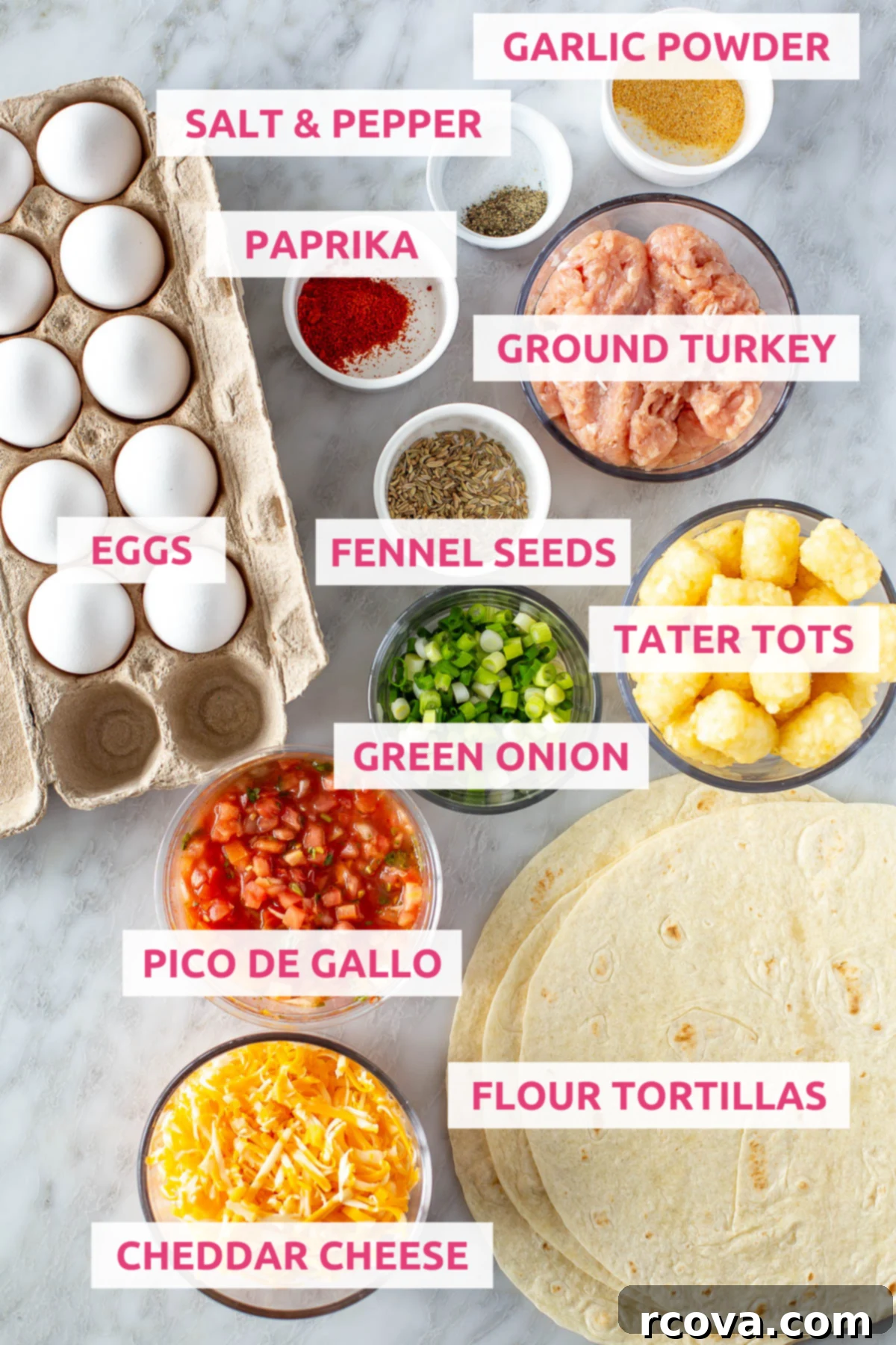 Ultimate Grab-and-Go Breakfast Burritos 4 Various ingredients for breakfast burritos laid out on a wooden board with labels.