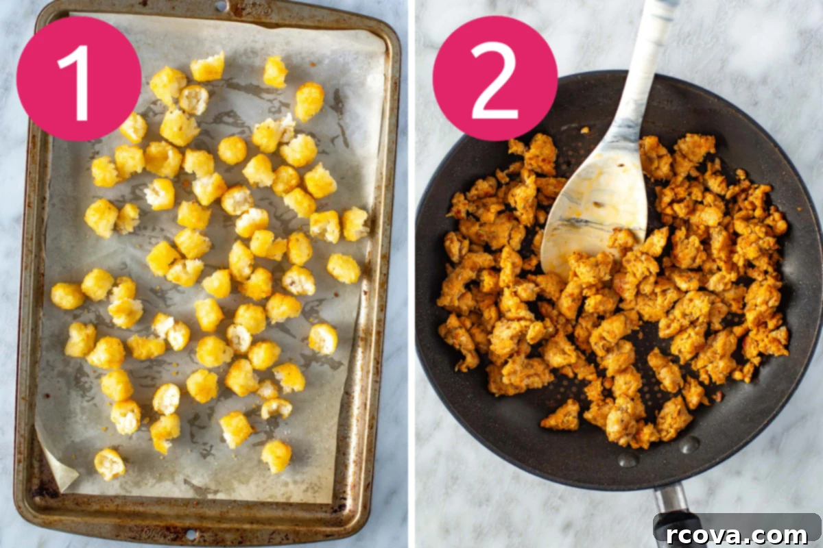 Ultimate Grab-and-Go Breakfast Burritos 5 Collage showing steps 1 and 2 of breakfast burrito preparation: baking tater tots and cooking turkey sausage.