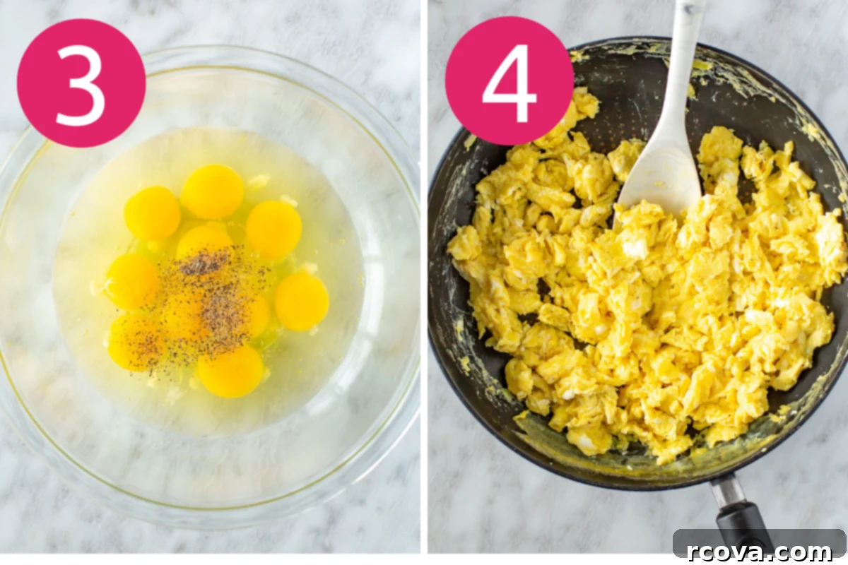 Ultimate Grab-and-Go Breakfast Burritos 6 Collage showing steps 3 and 4 of breakfast burrito preparation: whisking eggs and scrambling them in a pan.