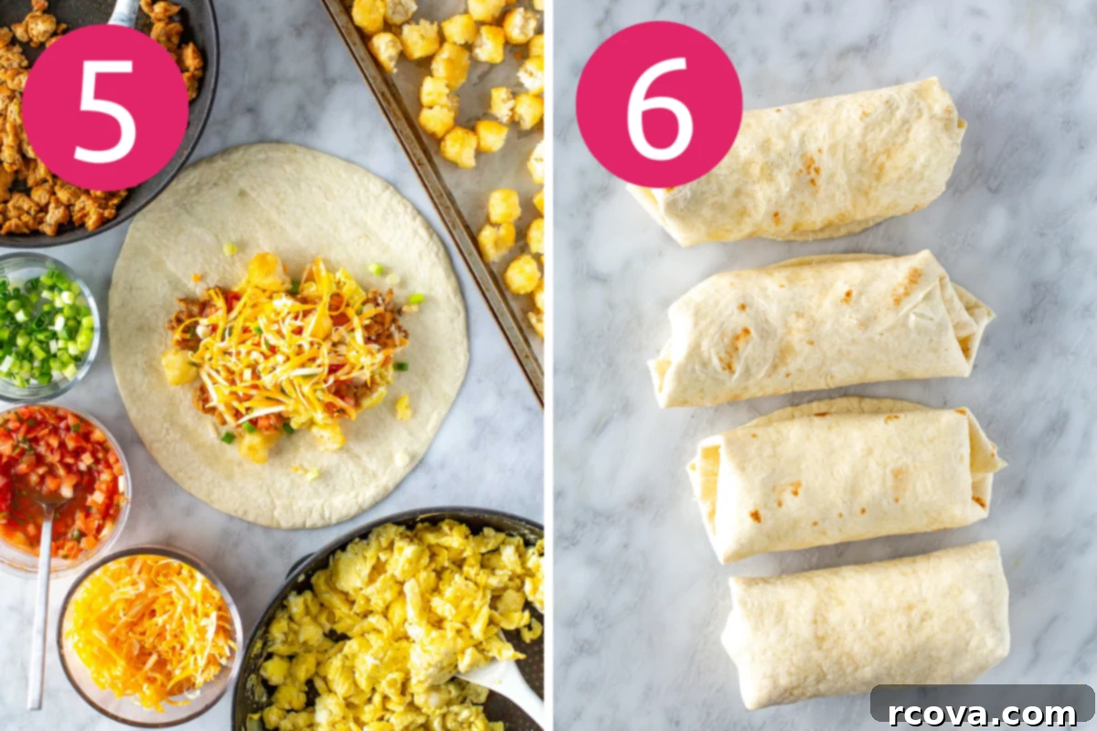 Ultimate Grab-and-Go Breakfast Burritos 7 Collage showing steps 5 and 6 of breakfast burrito preparation: assembling the ingredients and toasting the rolled burritos.