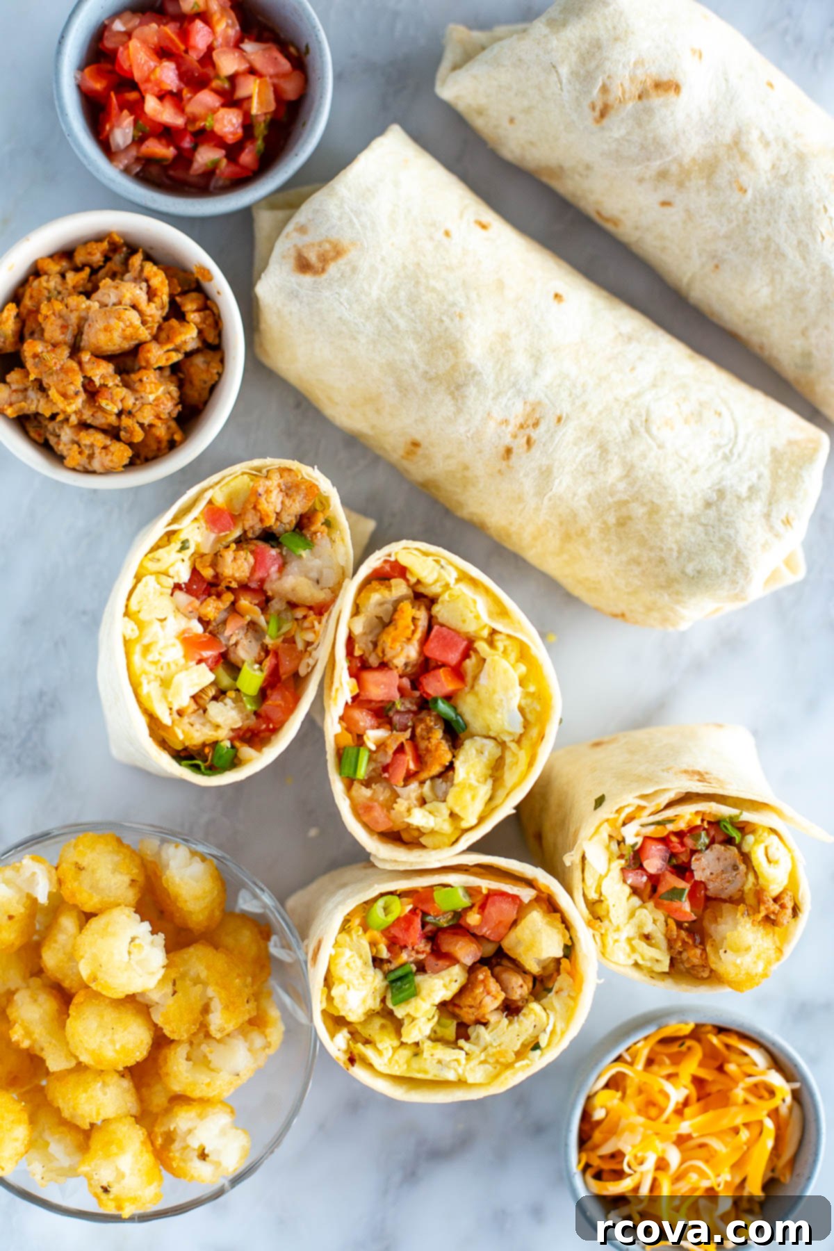 Ultimate Grab-and-Go Breakfast Burritos 8 Overhead shot of a perfectly rolled breakfast burrito, ready to eat.