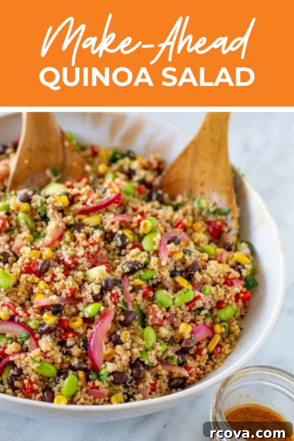 Speedy & Satisfying Quinoa Salad 10 A close-up of quinoa salad with the text "Make-Ahead Quinoa Salad" overtop.