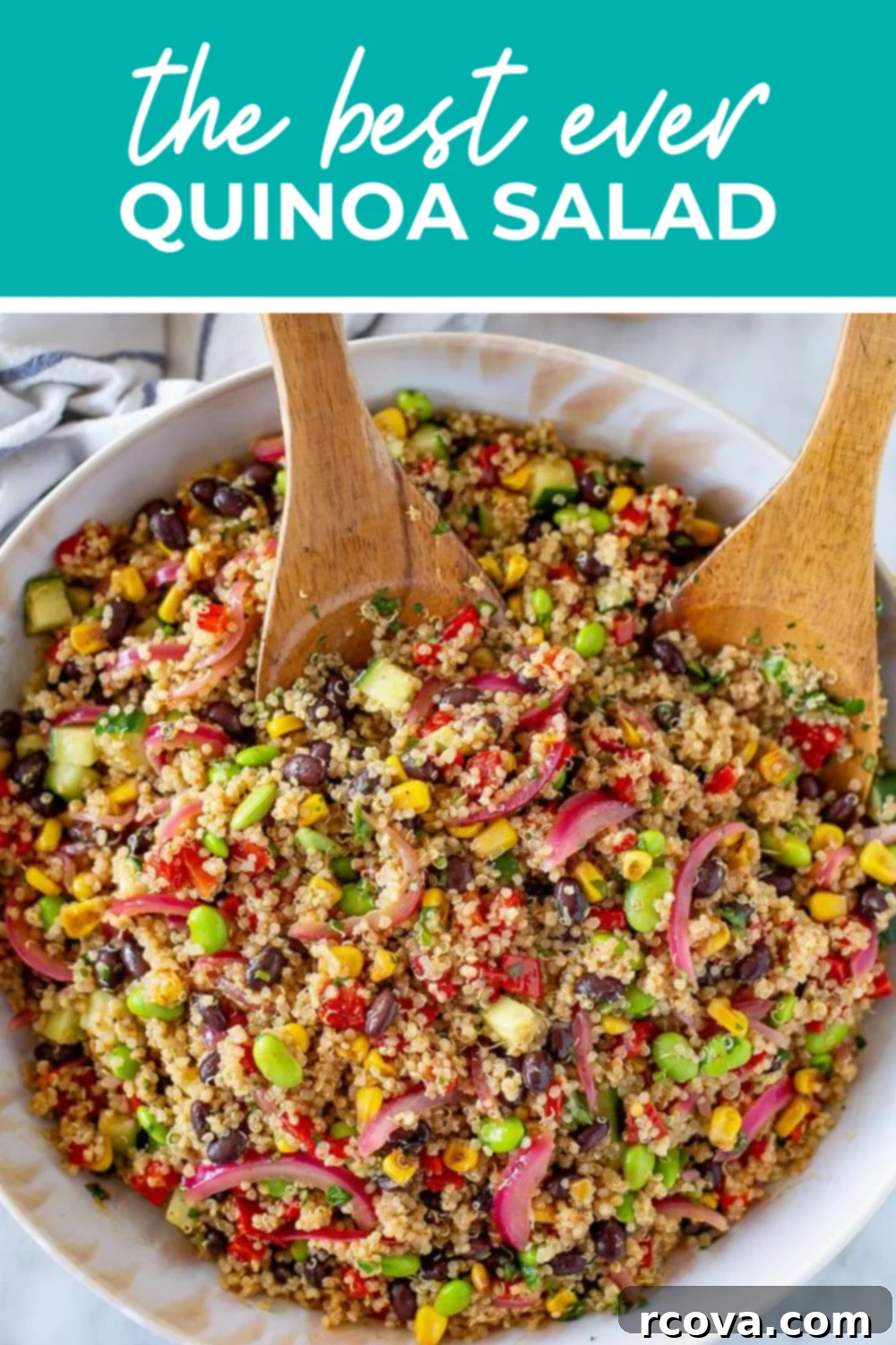 Speedy & Satisfying Quinoa Salad 11 A close-up of quinoa salad with the text "The Best Ever Quinoa Salad" overtop.