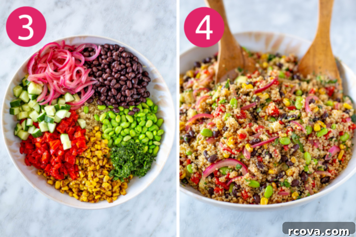 Speedy & Satisfying Quinoa Salad 6 Step-by-step photos for making quinoa salad: image showing adding cooked quinoa and prepared vegetables to a large bowl, and tossing with dressing