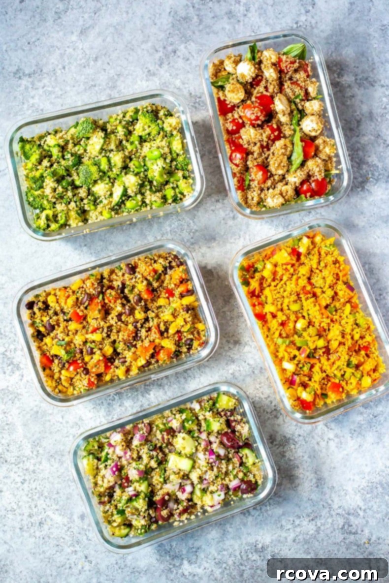 Speedy & Satisfying Quinoa Salad 7 A visual collage showing five different quinoa salad variations, offering diverse flavor profiles for a customizable meal