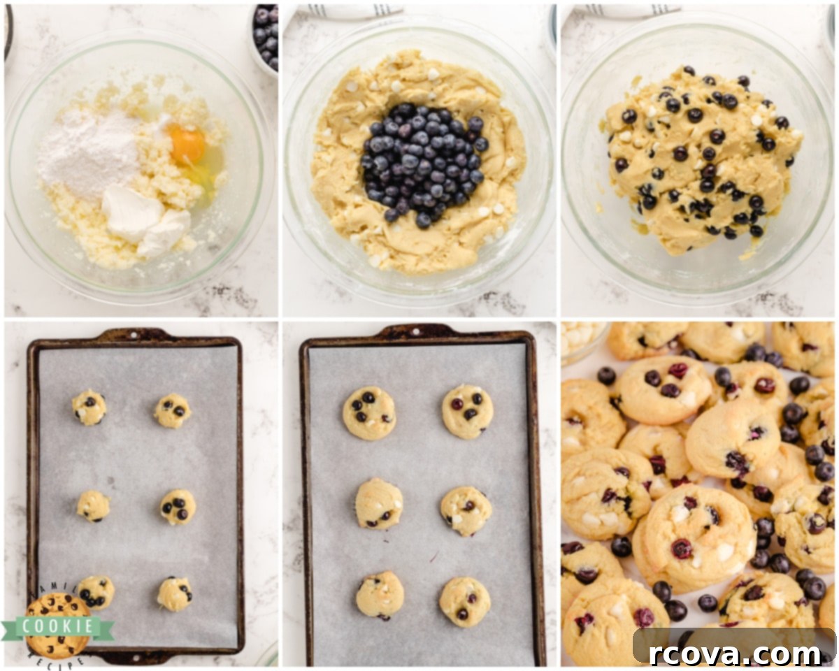 Blueberry Velvet Dreams 5 Hands mixing cookie dough in a bowl, with white chocolate chips and fresh blueberries ready to be folded in.