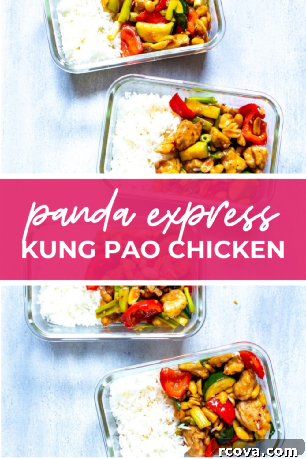 The Best Homemade Panda Express Kung Pao Chicken 11 overhead shot of plated dish with pink banner in the middle reading "panda express kung pao chicken"