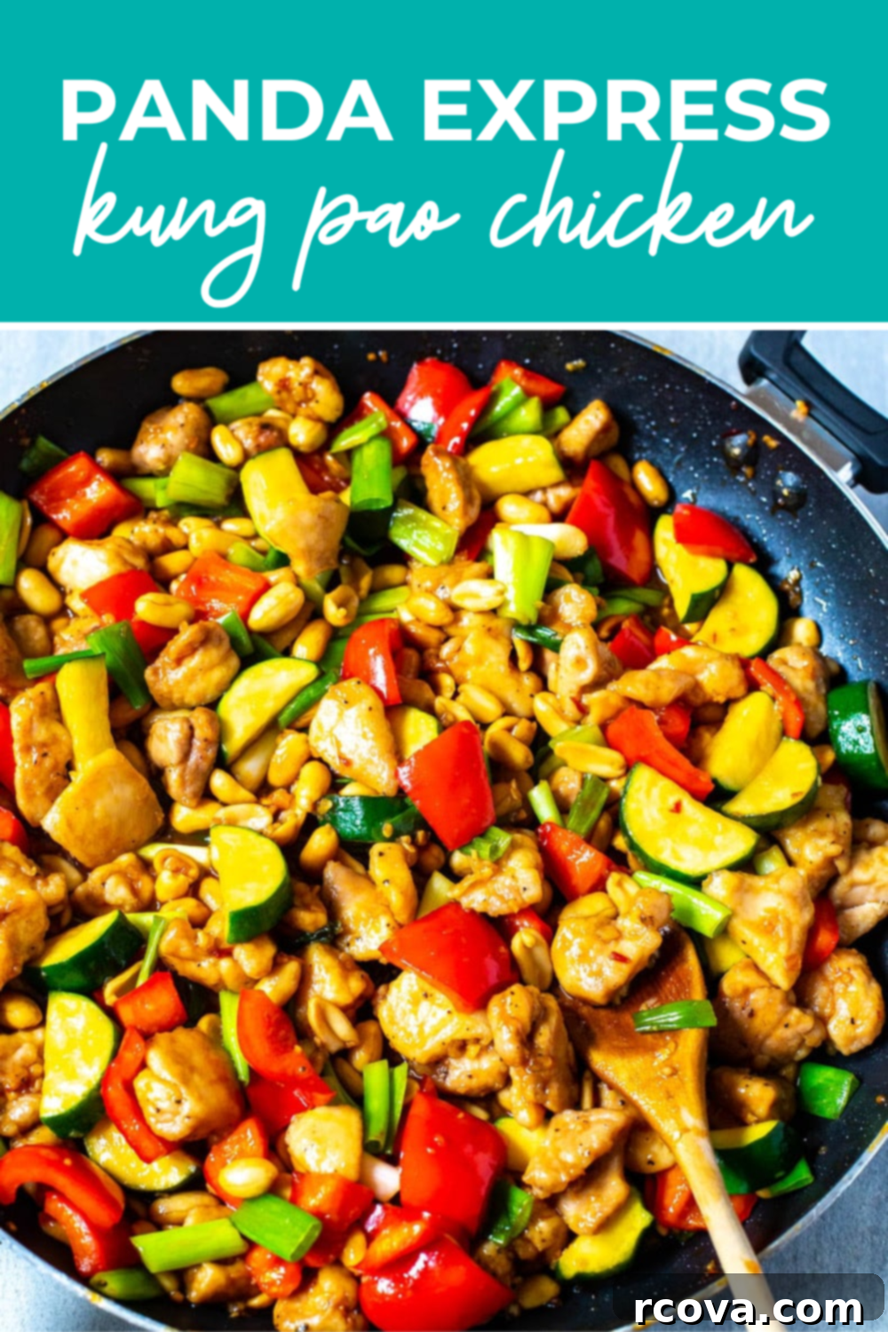 The Best Homemade Panda Express Kung Pao Chicken 12 overhead shot of plated dish with green banner on the top - reading "panda express kung pao chicken"
