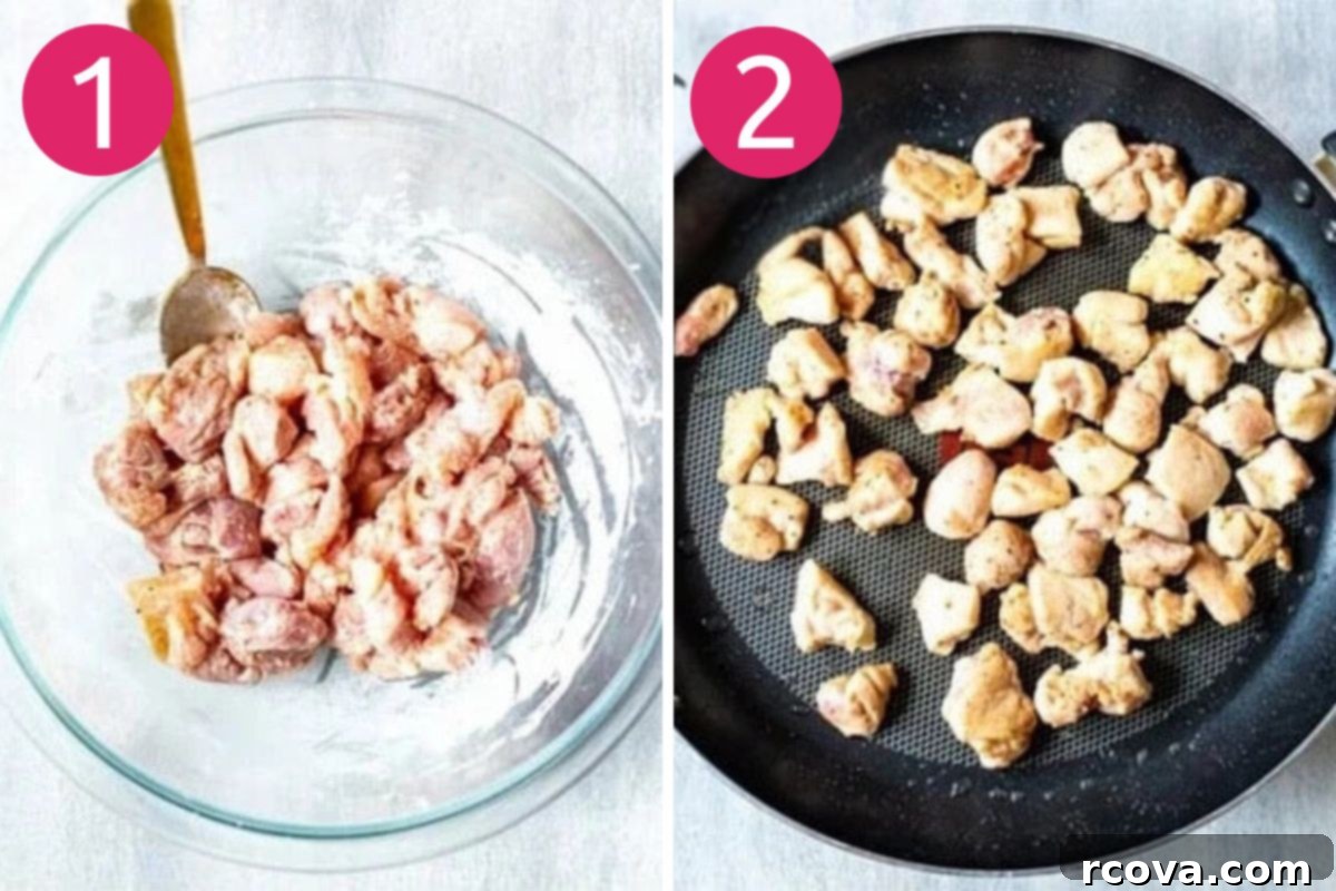The Best Homemade Panda Express Kung Pao Chicken 5 Visual steps illustrating how to coat chicken and prepare the sauce for Kung Pao Chicken.