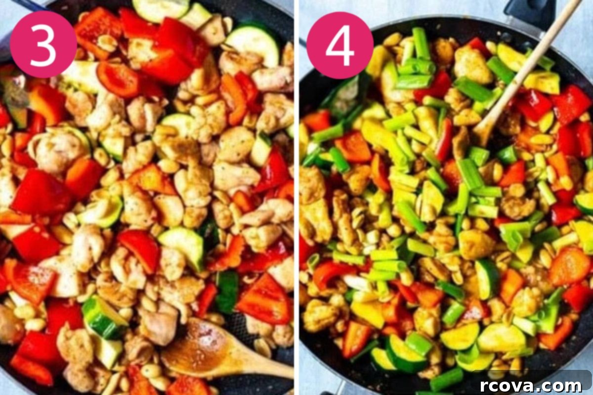 The Best Homemade Panda Express Kung Pao Chicken 6 Visual steps showing how to add vegetables and sauce, then garnish with green onions for Kung Pao Chicken.