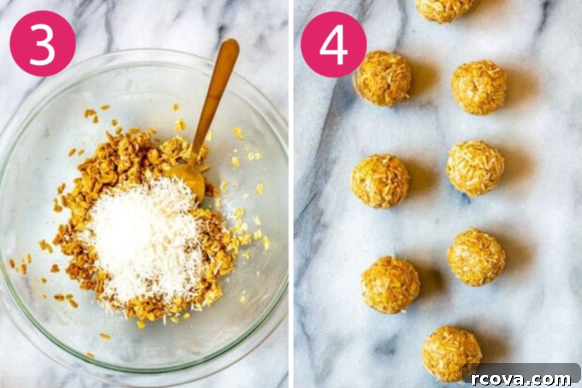 Quick No-Bake Protein Bites: Five Delicious Flavors 6 Steps 3 and 4 for making protein balls - Adding mix-ins and rolling the mixture into balls.