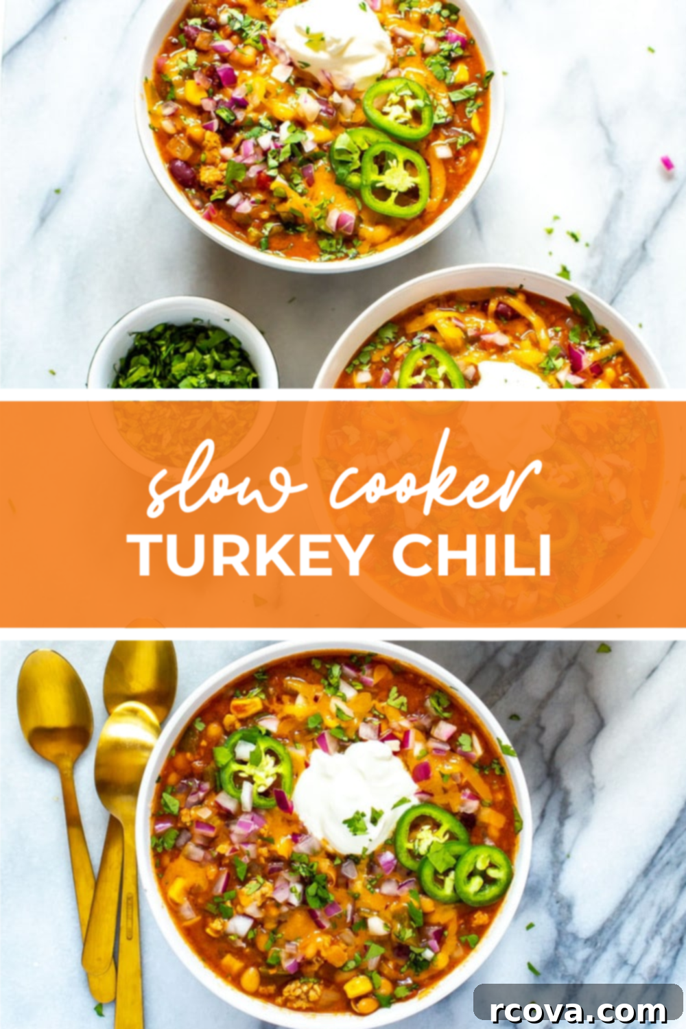 Lean & Hearty Slow Cooker Turkey Chili 10 Row of bowls of turkey chili ready to serve with various toppings
