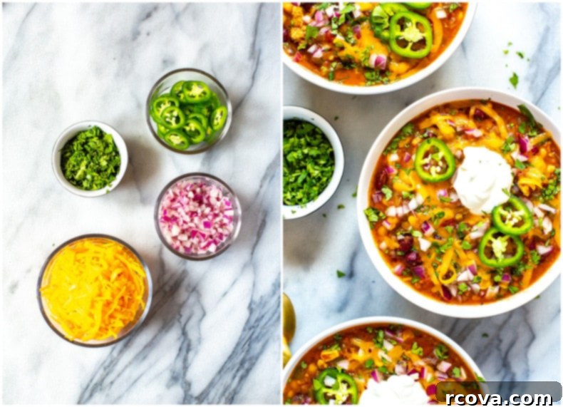 Lean & Hearty Slow Cooker Turkey Chili 4 Two bowls of healthy, flavourful slow cooker turkey chili with fresh toppings