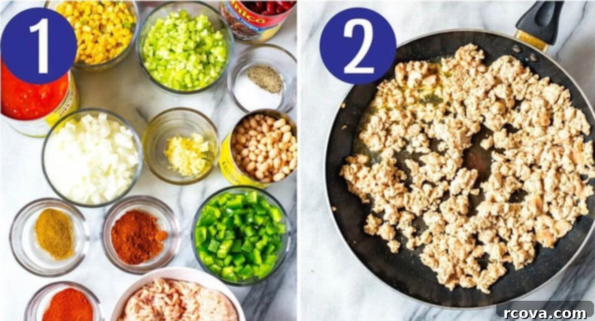 Lean & Hearty Slow Cooker Turkey Chili 5 Visual steps for preparing crockpot turkey chili: Step 1 shows chopped vegetables and beans, Step 2 shows ground turkey browning in a pan.