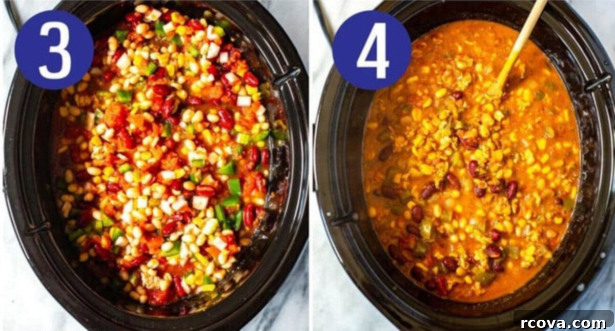 Lean & Hearty Slow Cooker Turkey Chili 6 Visual steps for making crockpot turkey chili: Step 3 shows all ingredients being added to a slow cooker, Step 4 shows the chili cooking.
