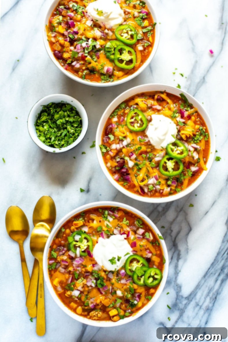 Lean & Hearty Slow Cooker Turkey Chili 7 A large pot of healthy, flavorful slow cooker turkey chili ready to serve
