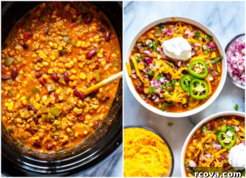 Lean & Hearty Slow Cooker Turkey Chili 8 Healthy, Flavourful Slow Cooker Turkey Chili in a bowl with corn and avocado
