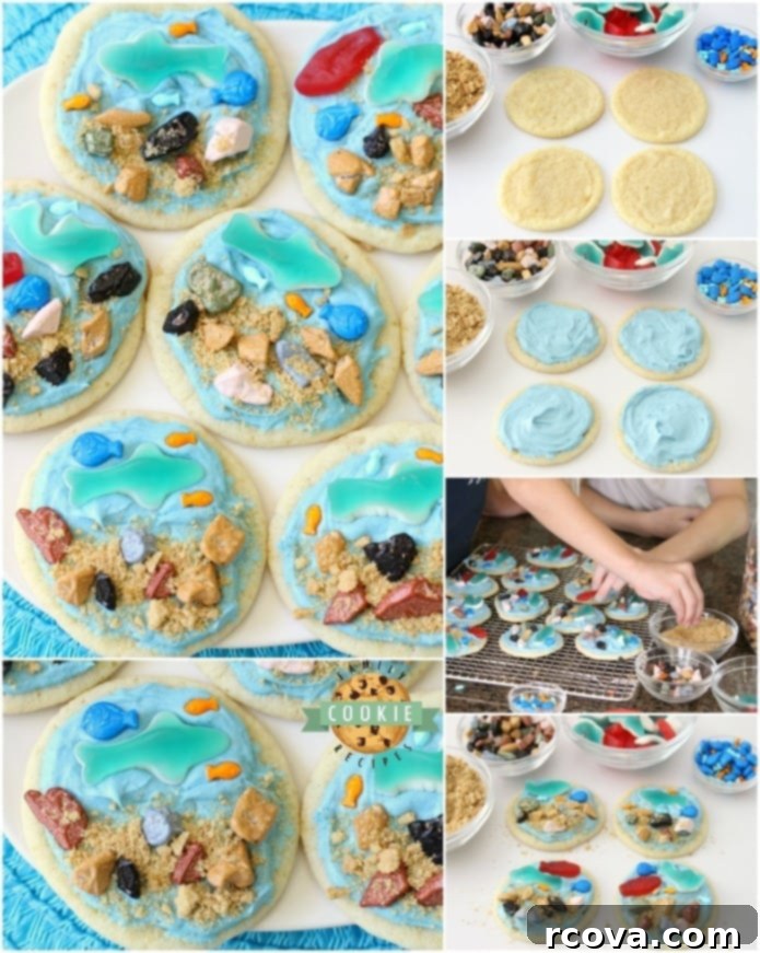 Mermaid Lagoon Cookies 2 Under the Sea Cookies are soft sugar cookies topped with a fun ocean scene complete with gummy fish & sharks, chocolate rocks and a brown sugar ocean floor! Perfect for celebrating summer at the sea! A vibrant, blue-frosted sugar cookie adorned with colorful gummy candies and edible chocolate rocks, resembling an underwater scene, ideal for summer parties and kids' fun.