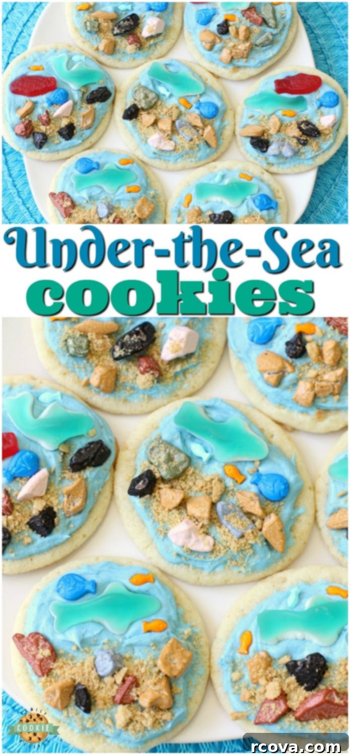 Mermaid Lagoon Cookies 4 A beautifully decorated Under the Sea Cookie, featuring a blue frosted background, edible chocolate rocks, and gummy candies shaped like sharks and fish, capturing the essence of ocean life. Perfect for summer baking projects and kids' parties.
