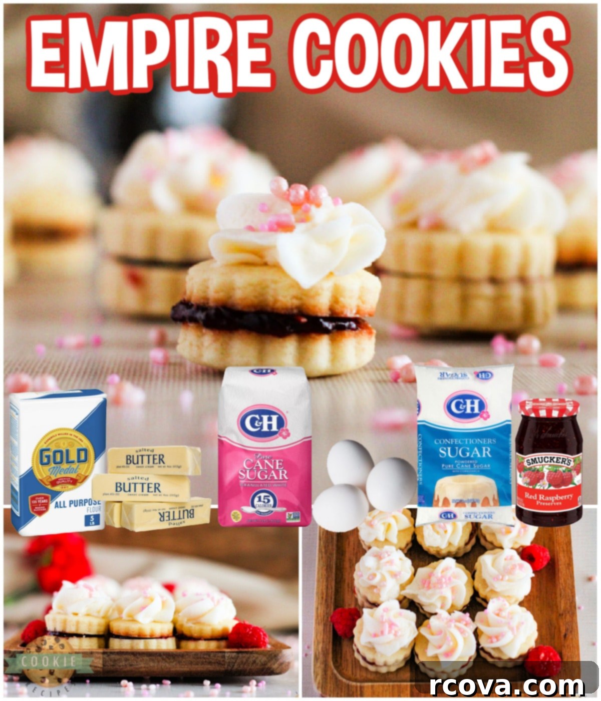 Imperial Delights 12 Empire Cookies are buttery shortbread cookie sandwiches filled with raspberry jam and topped with a simple buttercream frosting. Delicious cookies that are both pretty and delicious!