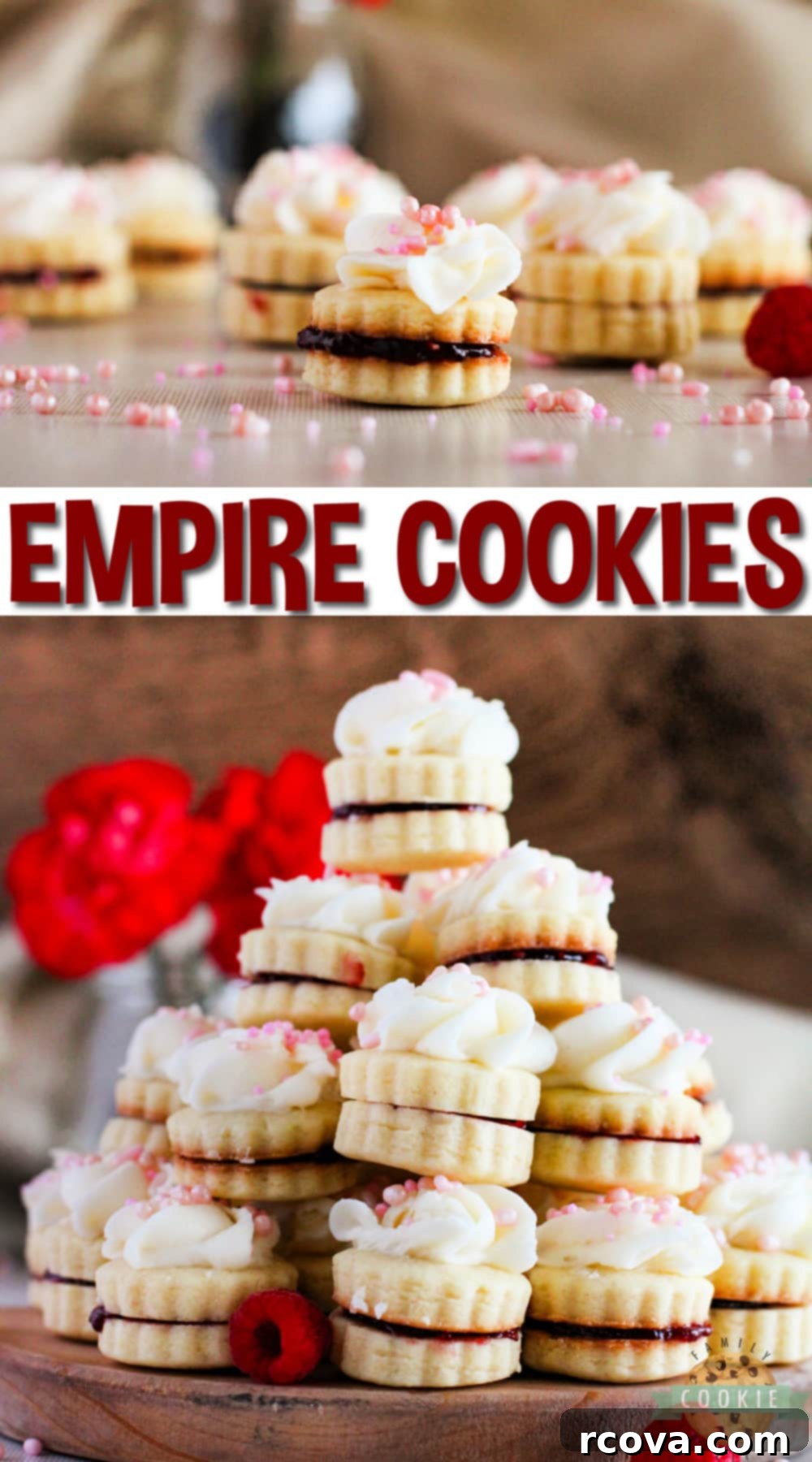 Imperial Delights 16 Empire Cookies are buttery shortbread cookie sandwiches filled with raspberry jam and topped with a simple buttercream frosting. Delicious cookies that are both pretty and delicious!