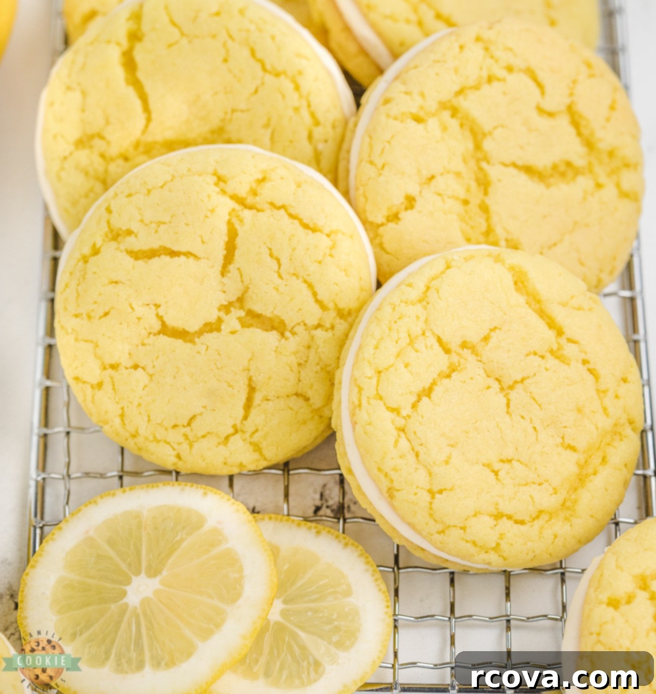 Zesty Lemon Oreo Cake Mix Cookies 2 lemon oreo cake mix cookies on a cooling rack