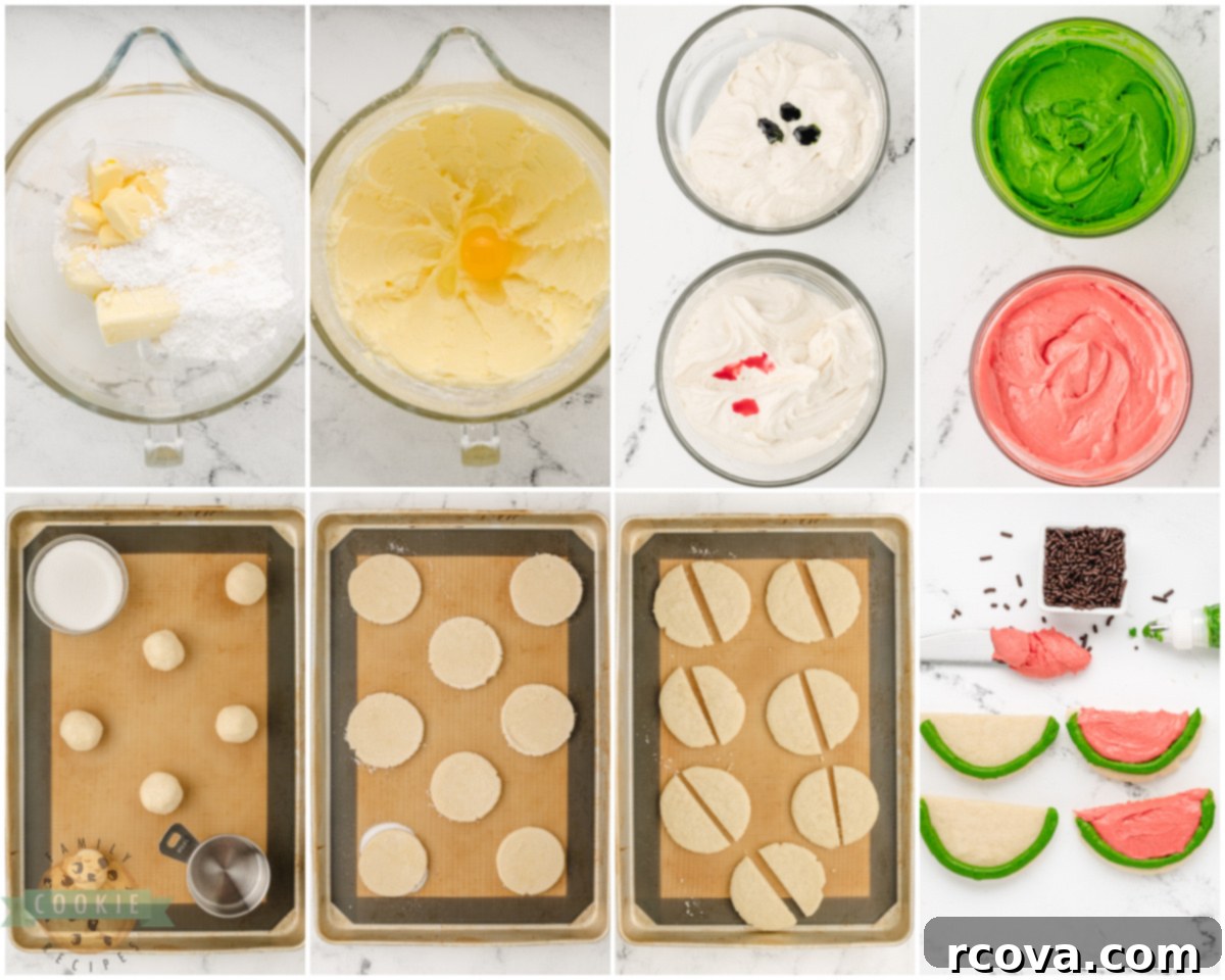 Summer Kissed Watermelon Cookies 3 hands decorating easy watermelon sugar cookies, showing the frosting application