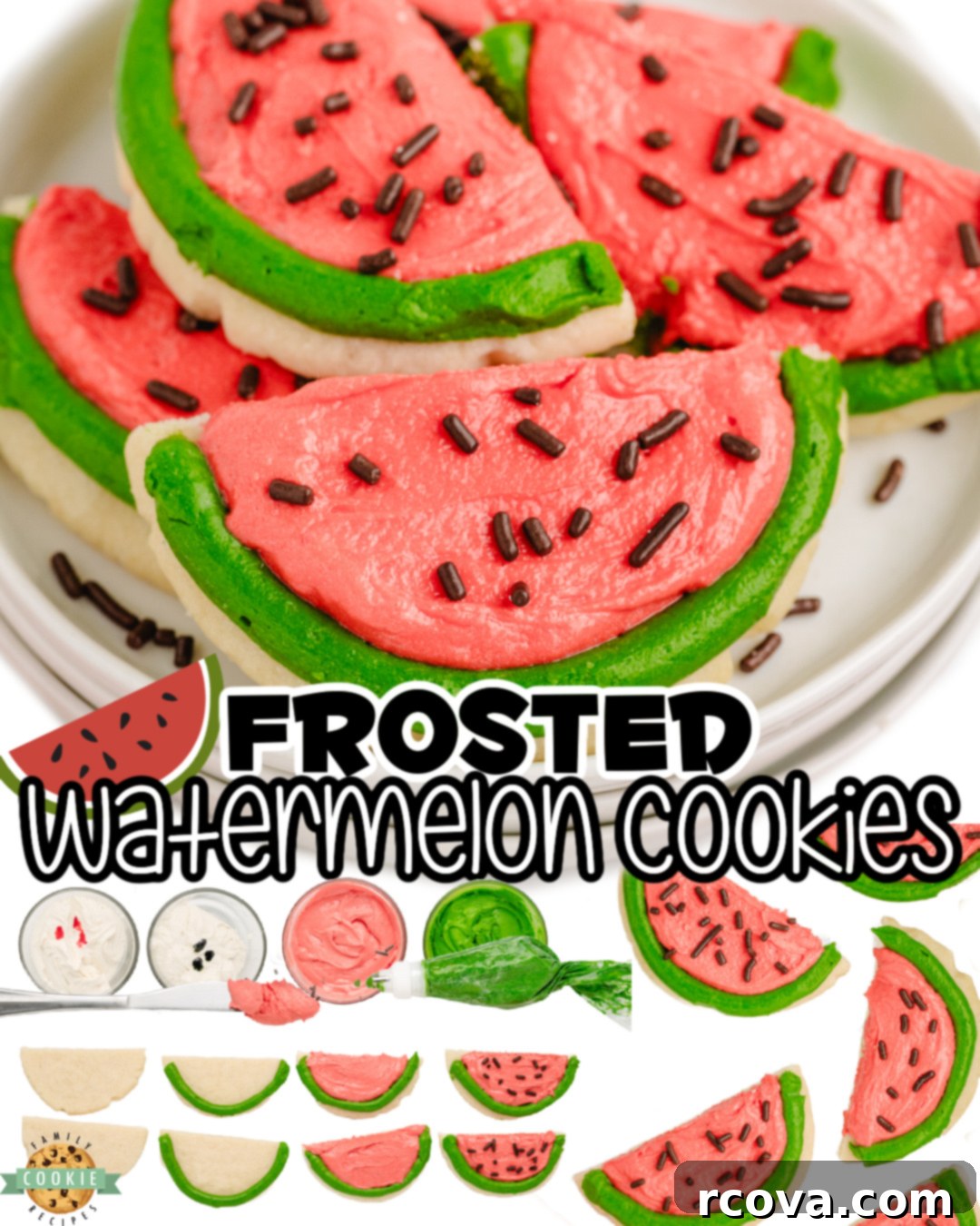 Summer Kissed Watermelon Cookies 7 Watermelon Sugar Cookies are fun, tasty sugar cookies with pink & green buttercream frosting decorated to look like watermelon slices! A collage of different cookie angles.