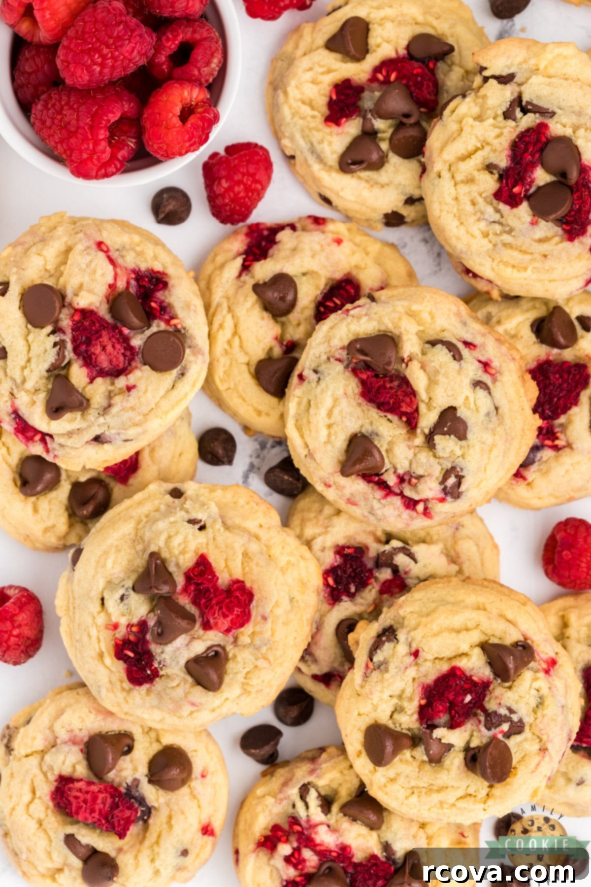 Sweet-Tart Raspberry Chocolate Chip Cookies 12 A plate of fresh Raspberry Chocolate Chip Cookies ready to be eaten