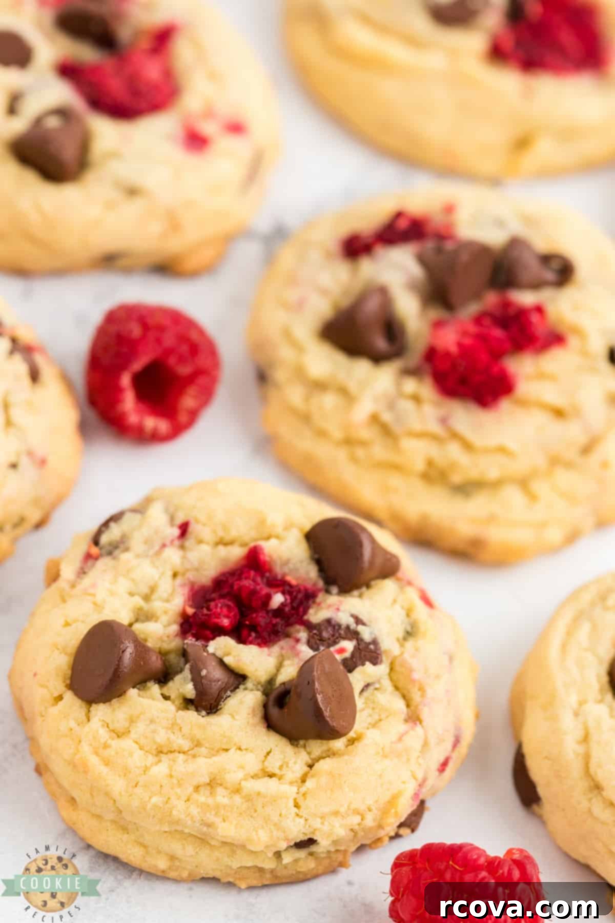 Sweet-Tart Raspberry Chocolate Chip Cookies 13 Close-up of a perfectly baked cookie with melted chocolate and fresh raspberries