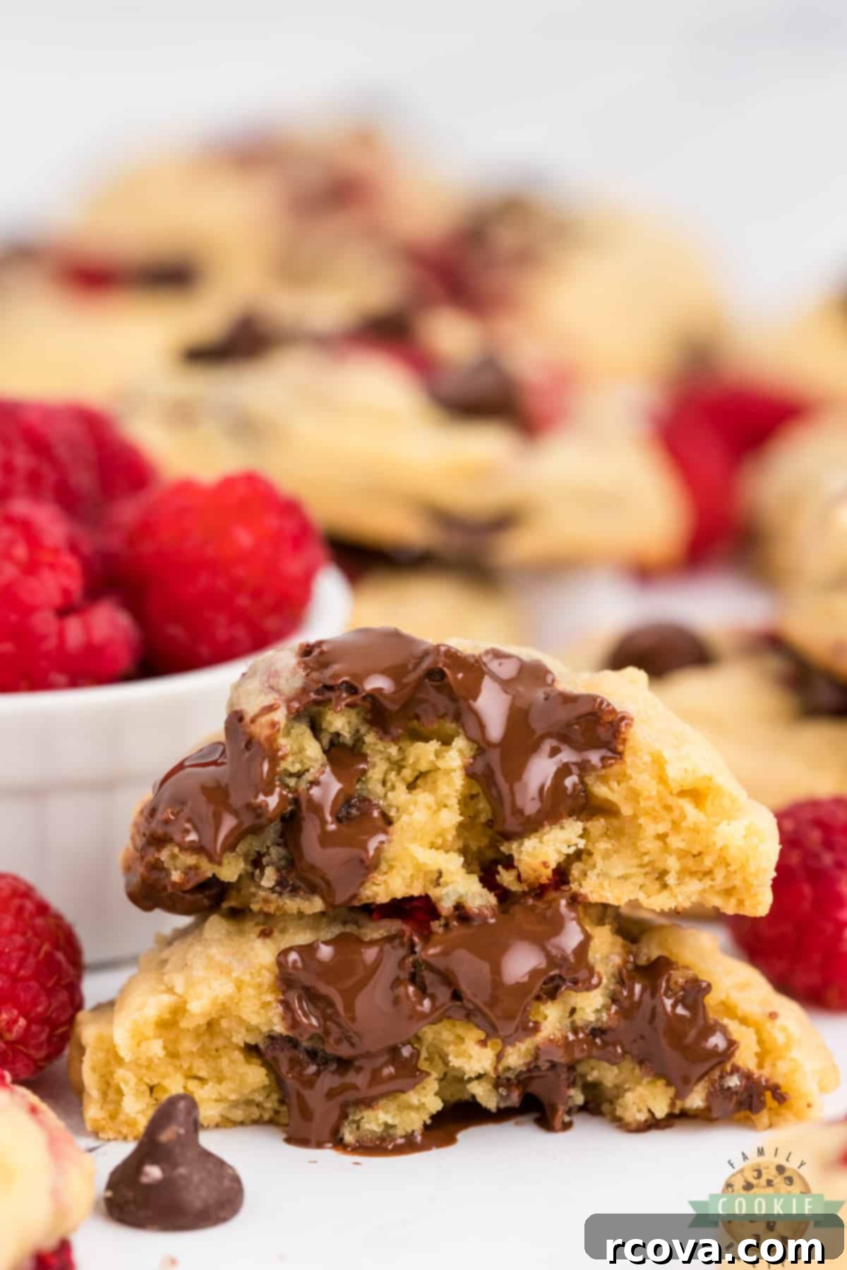 Sweet-Tart Raspberry Chocolate Chip Cookies 4 Delicious pudding cookies with semi-sweet chocolate chips and fresh raspberries, showing their soft texture