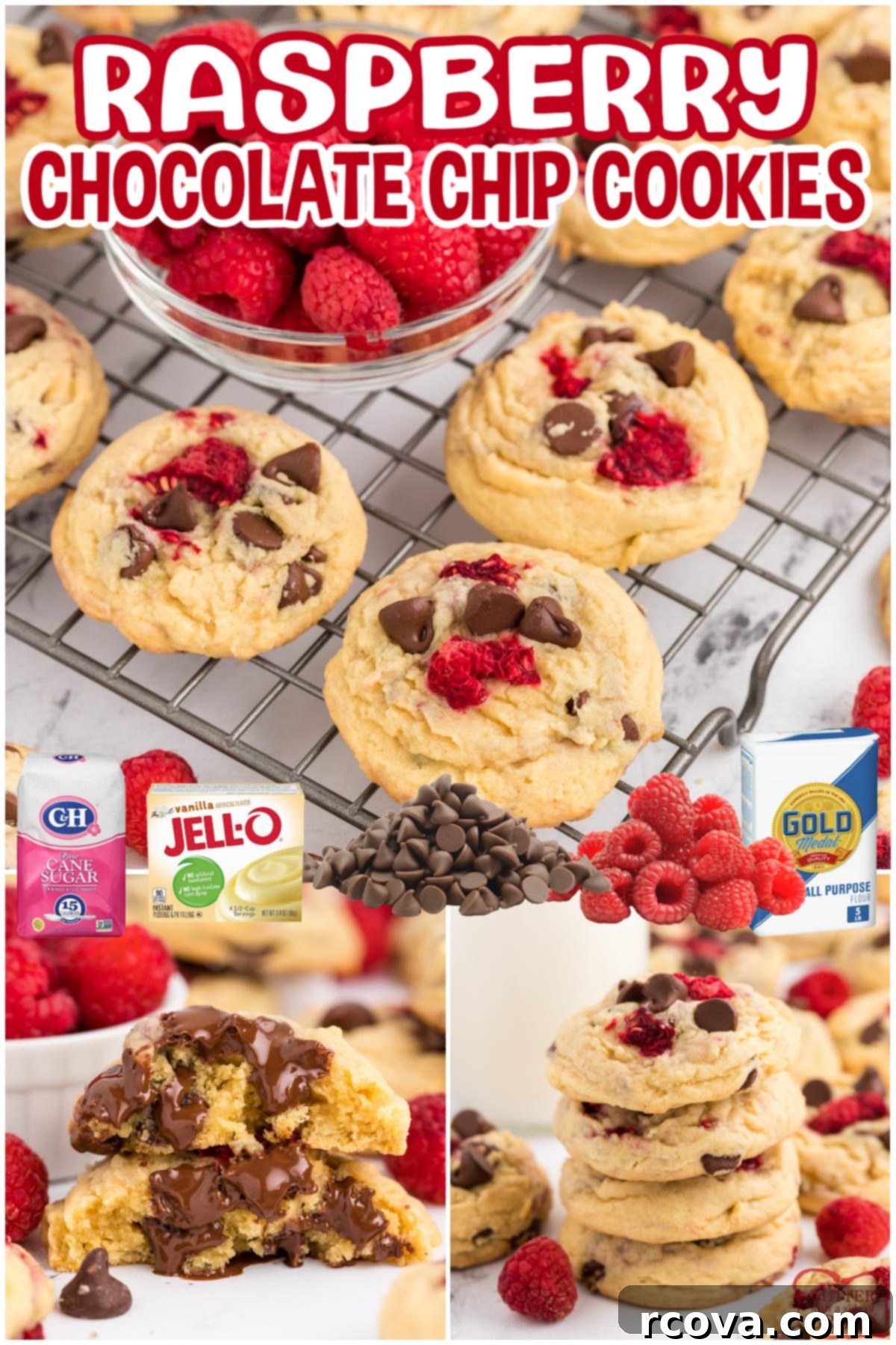 Sweet-Tart Raspberry Chocolate Chip Cookies 7 A collage of Raspberry Chocolate Chip Cookies, showcasing their soft and chewy texture and delicious appearance