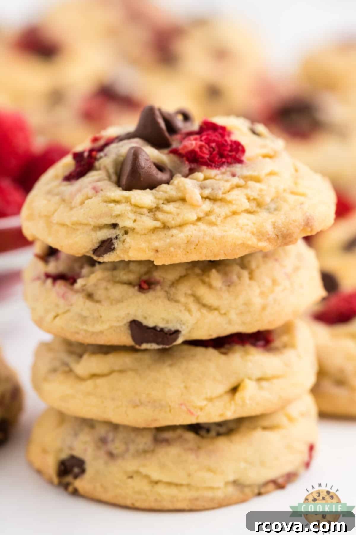 Sweet-Tart Raspberry Chocolate Chip Cookies 9 Freshly baked chocolate chip cookies with vibrant raspberries on a cooling rack