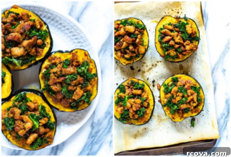 Savory Sausage and Kale Stuffed Acorn Squash 4 Close-up of uncooked acorn squash halves with seeds removed, ready for seasoning and roasting.