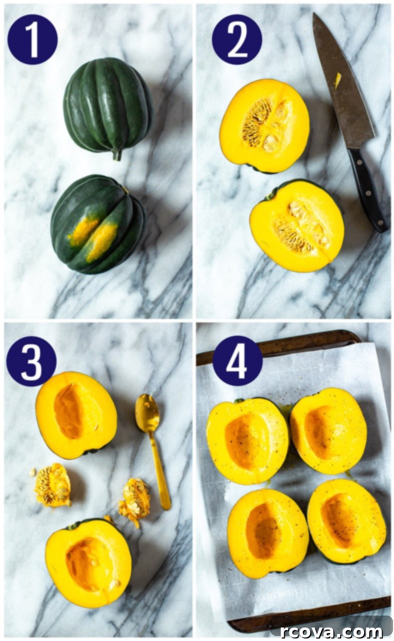 Savory Sausage and Kale Stuffed Acorn Squash 5 Step-by-step images showing how to cut, de-seed, season, and roast acorn squash halves.