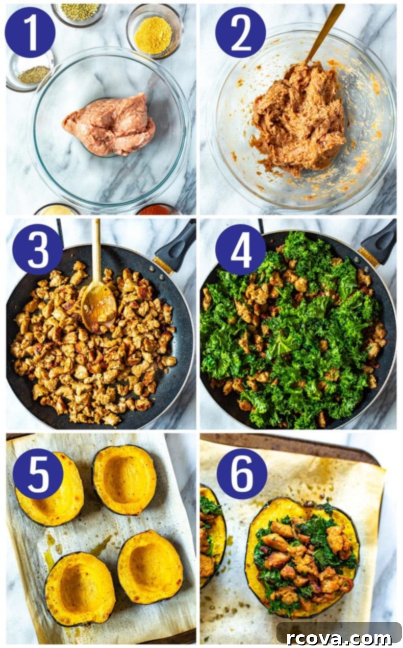 Savory Sausage and Kale Stuffed Acorn Squash 6 Visual steps illustrating the process of mixing turkey sausage, cooking it with kale, and then stuffing it into roasted acorn squash halves.