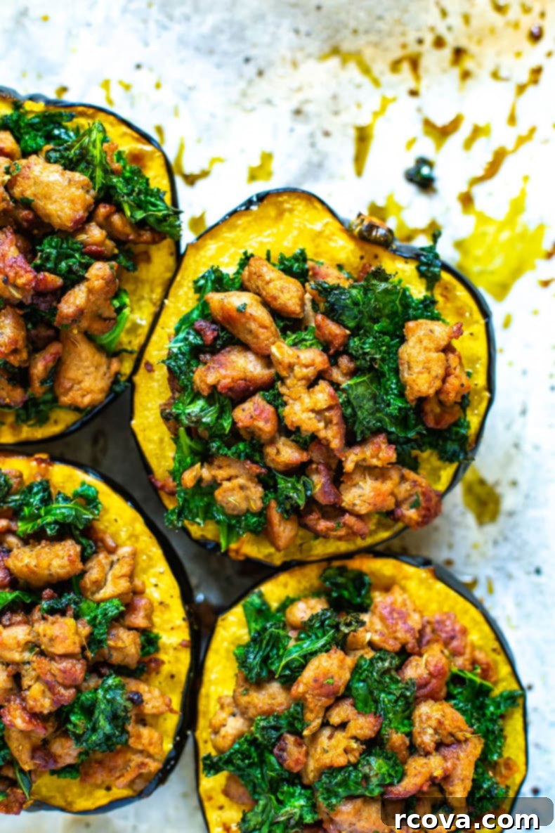 Savory Sausage and Kale Stuffed Acorn Squash 7 A perfectly cooked stuffed acorn squash, ready to be served as a wholesome fall dinner.