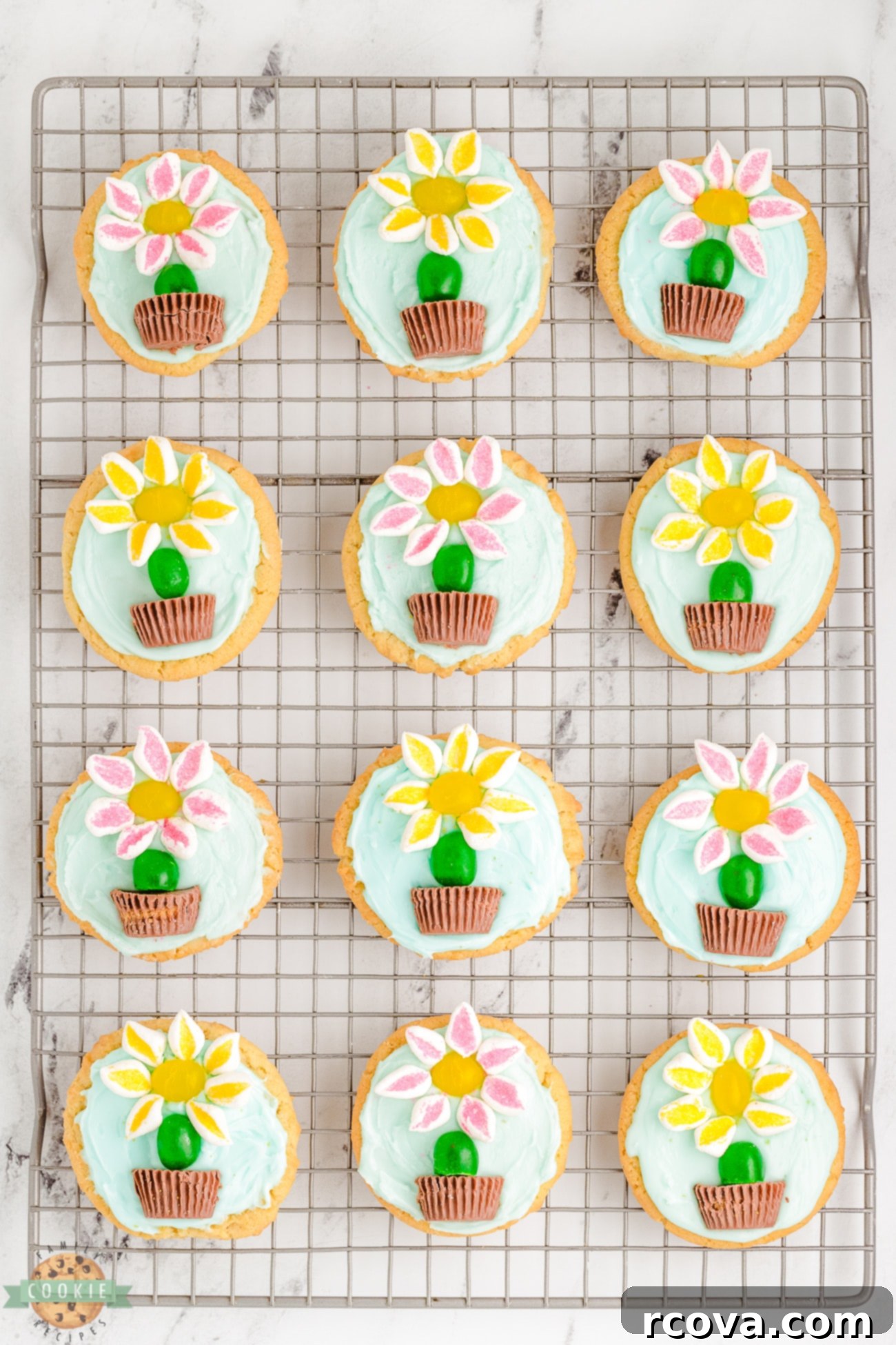 Marshmallow Blossom Cookies 7 Marshmallow flower cookies cooling on a rack, showcasing the completed design.
