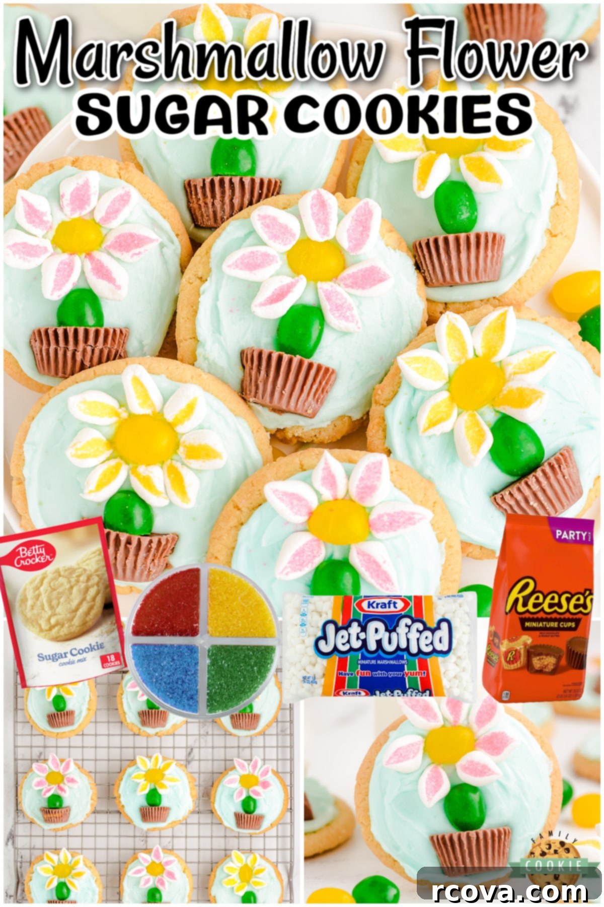 Marshmallow Blossom Cookies 9 Marshmallow Flower Cookies: an easy and perfect recipe for Spring baking, featuring cute flower sugar cookies with marshmallow petals, jelly bean stems, and peanut butter chocolate pots.