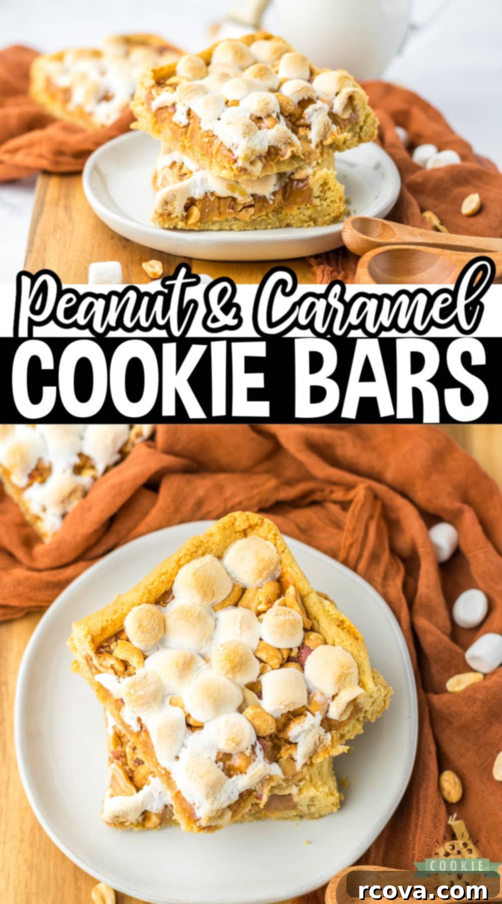 Irresistible Peanut Caramel Cookie Bars 14 A large pan of Easy Peanut Caramel Cookie Bars, fresh out of the oven, with a chewy sugar cookie crust, melted caramel, crunchy peanuts, and soft marshmallows
