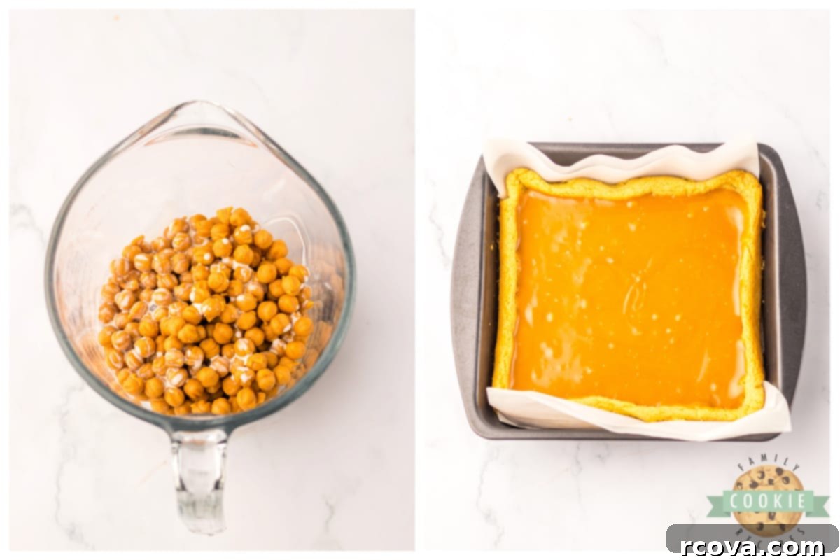 Irresistible Peanut Caramel Cookie Bars 8 Melting caramel bits with cream to create a smooth, pourable caramel layer for the cookie bars