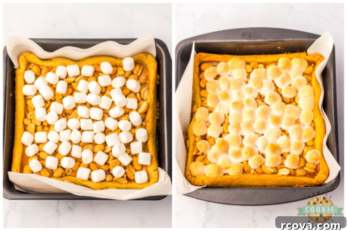 Irresistible Peanut Caramel Cookie Bars 9 Adding crunchy peanuts and soft marshmallows to a partially baked cookie bar recipe