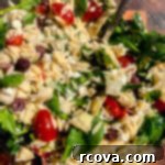Zesty Greek Orzo Salad with Lemon-Herb Vinaigrette 5 Finished Greek Orzo Salad in a bowl, ready to serve.