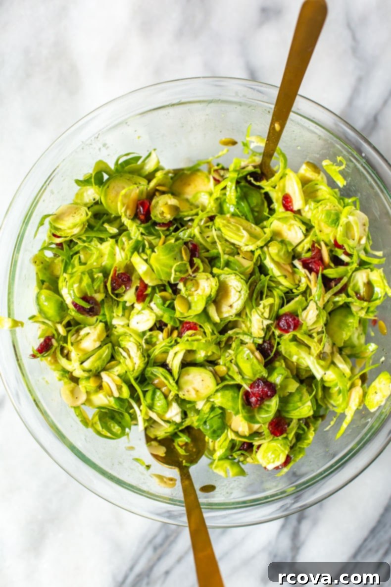Crisp Brussels Sprout Slaw 2 A vibrant bowl of shaved Brussels sprout salad with dried cranberries, sliced almonds, and pumpkin seeds, ready to be served.